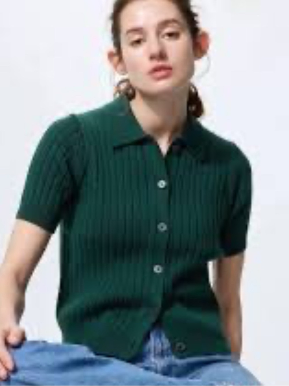 Uniqlo Women's Short Sleeved Ribbed Polo Cardigan Sweater, Dark Green, Size XL